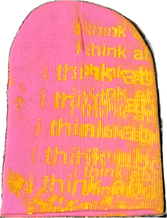 “I think about it all the time” beanies (yellow ink)